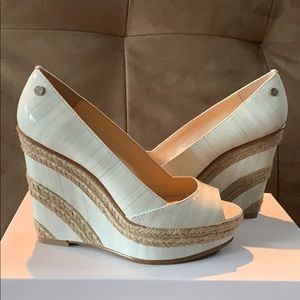 Calvin Klein-Harlo Streak Patent Wedges.